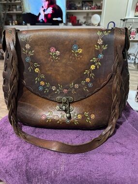 Hand-Painted Brown Leather Floral Crossbody Bag